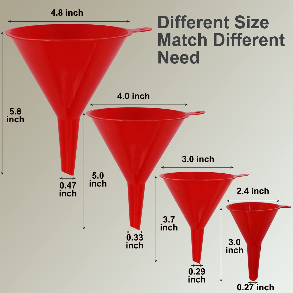 4-Piece Versatile Plastic Funnel Set for Kitchen and Automotive Use - Includes Mini, Small, Medium, and Large Funnels for Bottling, Canning, Cooking, Laboratory, and Oil Applications (Red)