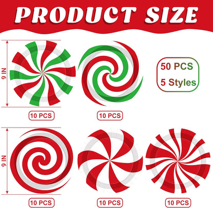 50 PCS Christmas Paper Plates, 9" Christmas Plates Disposable Party Set, 6 Designs Red White Green Candy Design Xmas Dinnerware, Xmas Tableware for Winter Ugly Sweater Party