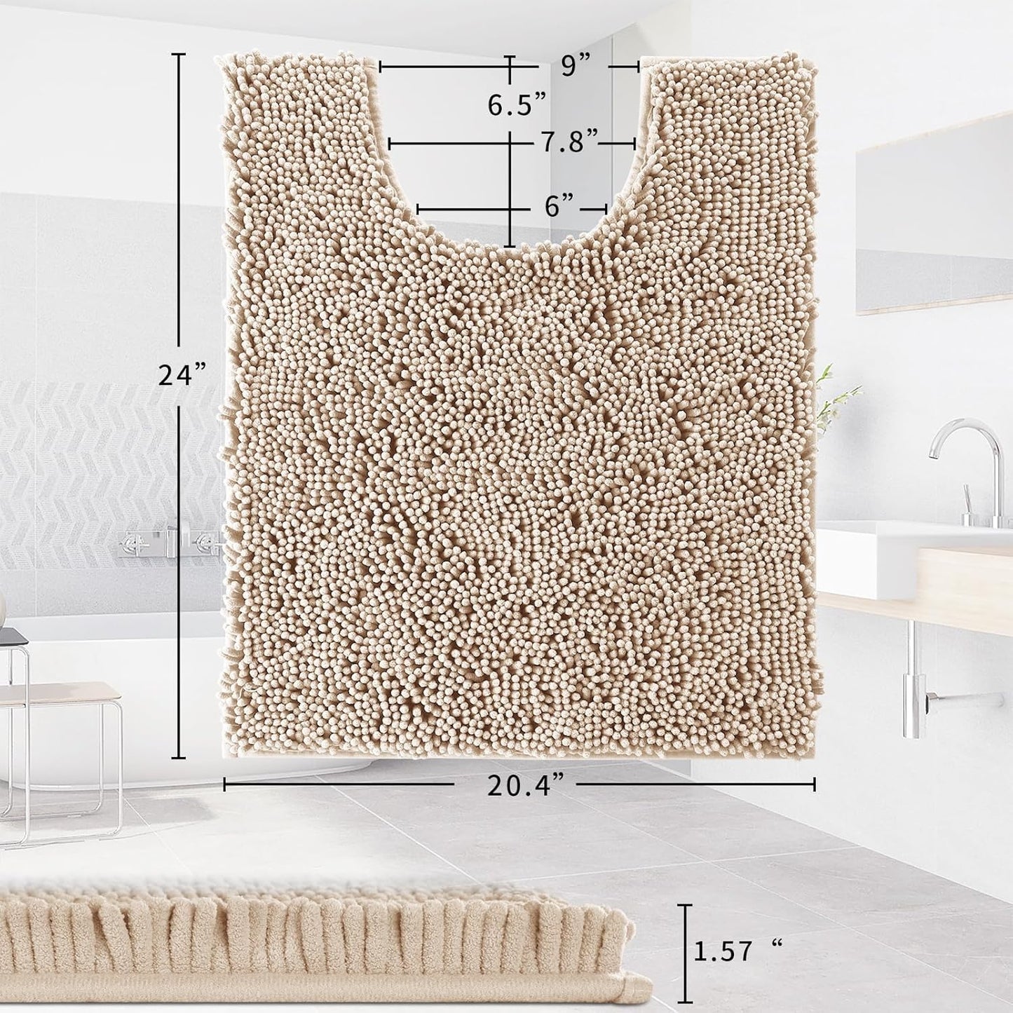 Chenille Toilet Rug U-Shaped Washable - 24"X20" Non Slip Contour Bath Mat - Super Luxury Soft Absorbent Quick Dry Rugs for Bathroom Toilet Base - Light Brown