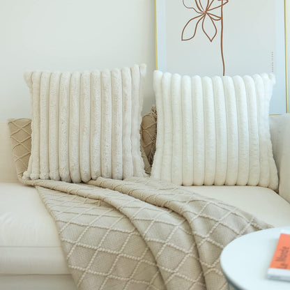 Pack of 2 Faux Fur Plush Decorative Throw Pillow Covers for Home, Couch Cushion Case Soft Solid Pillowcases (Beige, 20 X 20-Inch)