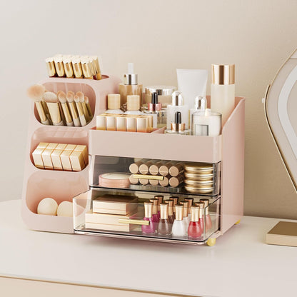 Makeup Organizer with Drawers for Vanity, Spacious Cosmetic Display Case with Makeup Brush Holder, Perfect Vanity Bathroom Organizer and Storage Solution for Skincare & Beauty Essentials, Pink