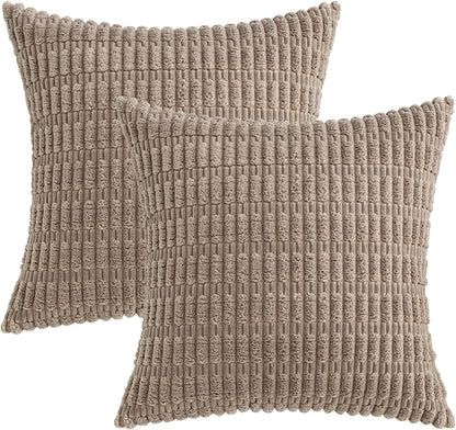 Set of 2 Soft Corduroy Decorative Throw Pillow Covers, 18x18 Inches, Boho Striped Design for Modern Farmhouse Home Decor, Light Brown