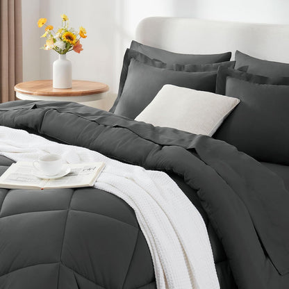 Queen Comforter Set Dark Grey - Bed in a Bag Queen Size 7 Pieces, Luxury Soft Bed Set for All Seasons, Bedding Set with down Alternative Comforter, Sheets, Pillowcases & Shams