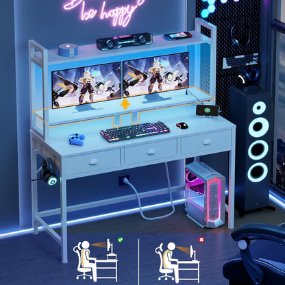47'' White Computer Desk with 3 Drawers Hutch, LED Lights, Home Office Desks, Gaming Table with Monitor Stand, 2AC Power Outlets and 2 USB Ports, Modern Work Study Table for Bedroom
