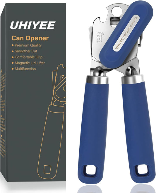 Can Opener Manual,  Hand Held Manual Can Openers Heavy Duty with Smoother Cut Sharp Blade, Manual Hand Can Open with Soft Handle, Easy to Turn Knob, Magnetic Lid Lifter, Blue