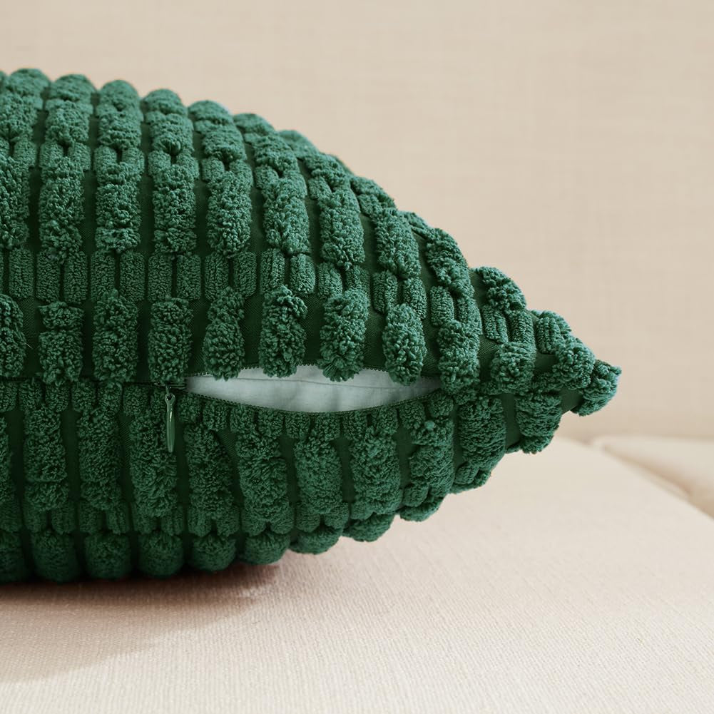 2 Packs Boho Dark Green Decorative Throw Pillow Covers 18X18 Inch for Couch Bed Sofa, Rustic Modern Farmhouse Home Decor, Soft Plush Corduroy Cute Square Cushion Case 45X45 Cm