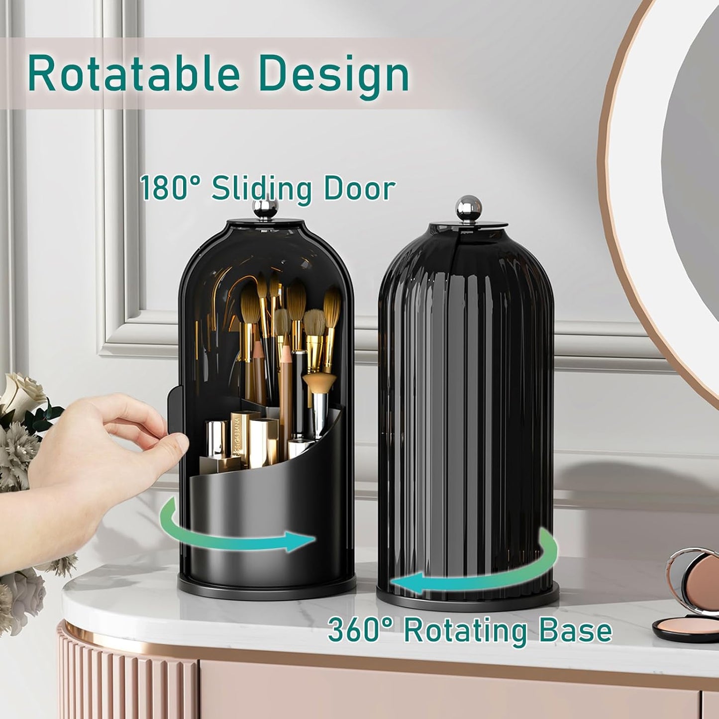 Makeup Brush Holder with Lid Cosmetic Tools Organizer 360 Rotating Waterproof Dustproof Beauty Brushes Storage for Vanity, Dark Black