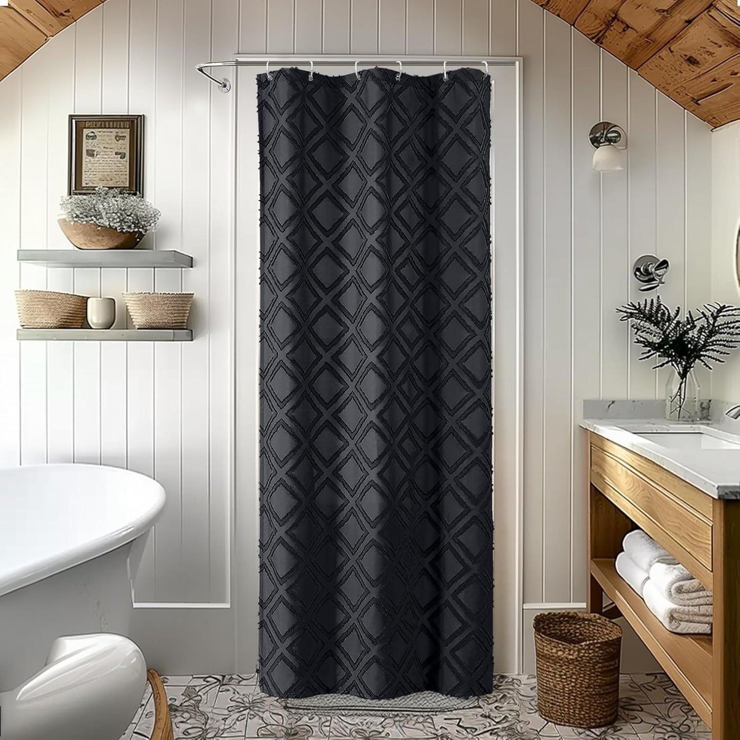 Black Shower Curtain Set for Bathroom, 36 “ Width Stall Small Boho Shower Curtain with 12 Hooks, Soft Lightweight Jacquard Design Fabric Shower Curtain, Machine Washable, Black, 36 W X 72 L