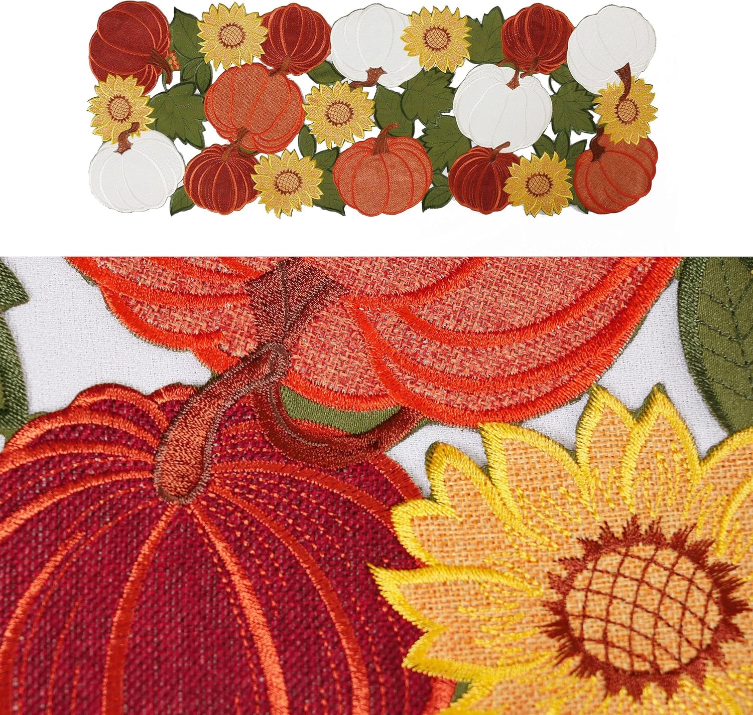 Thanksgiving Table Runner 36 Inches Long, Small Short Fall Table Runner, Boho Farmhouse Embroidered Table Centerpieces with Pumpkins and Sunflowers, Fall Decor for Home , 13 Inch X 36 Inch