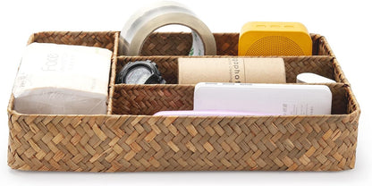 Seagrass Storage Basket with Compartments Utensil Tray for Organization Silverware Flatware Rectangular Shelf Baskets with 4 Sections Natural
