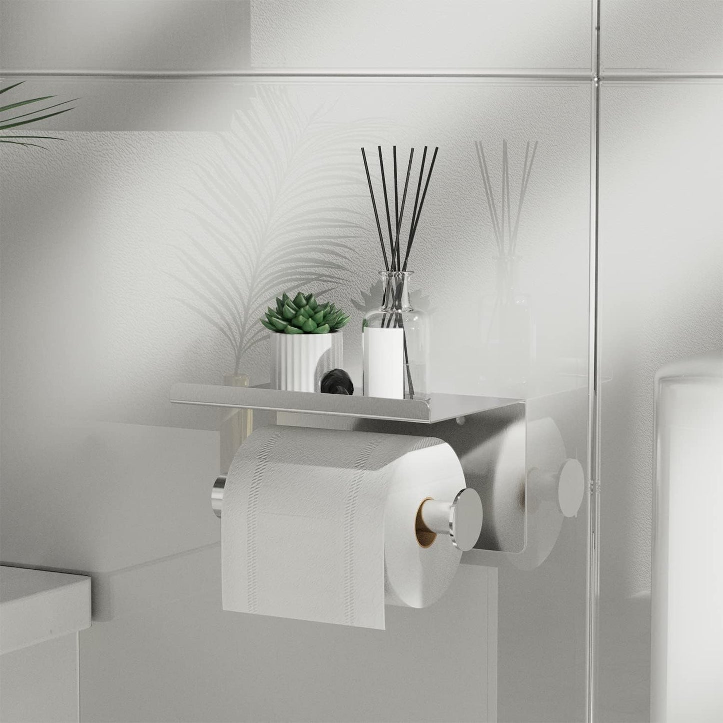 Adhesive Toilet Paper Holder with Phone Shelf, Wall Mounted or Adhesive, Rustproof Toilet Paper Roll Holder- Silver