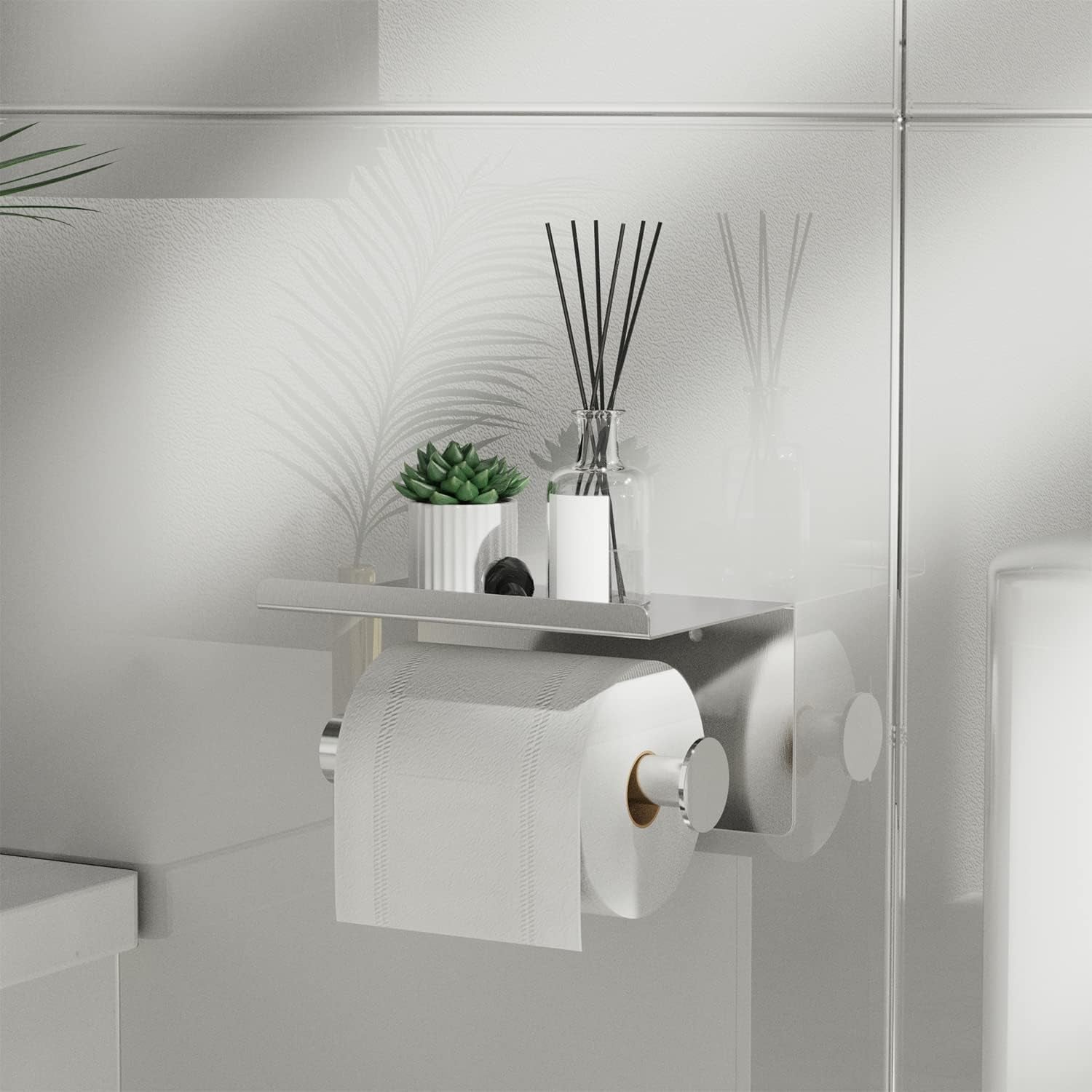 Adhesive Toilet Paper Holder with Phone Shelf, Wall Mounted or Adhesive, Rustproof Toilet Paper Roll Holder- Silver