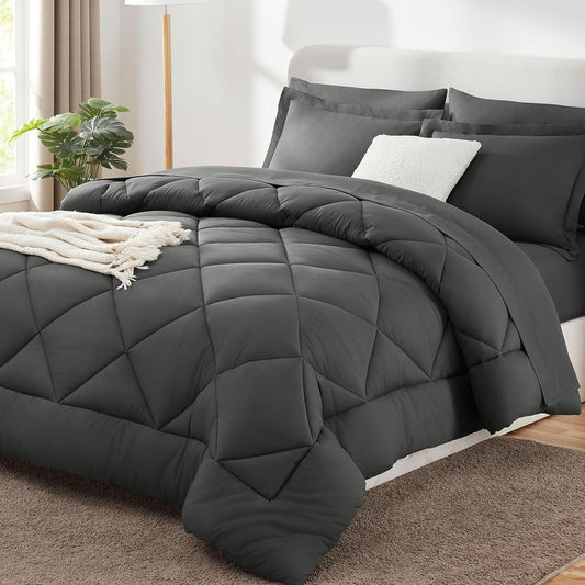 California King Comforter Set with 7 Pieces Bed in a Bag Dark Grey Cal King All Season Bedding with Comforter, Pillow Shams, Flat Sheet, Fitted Sheet and Pillowcases