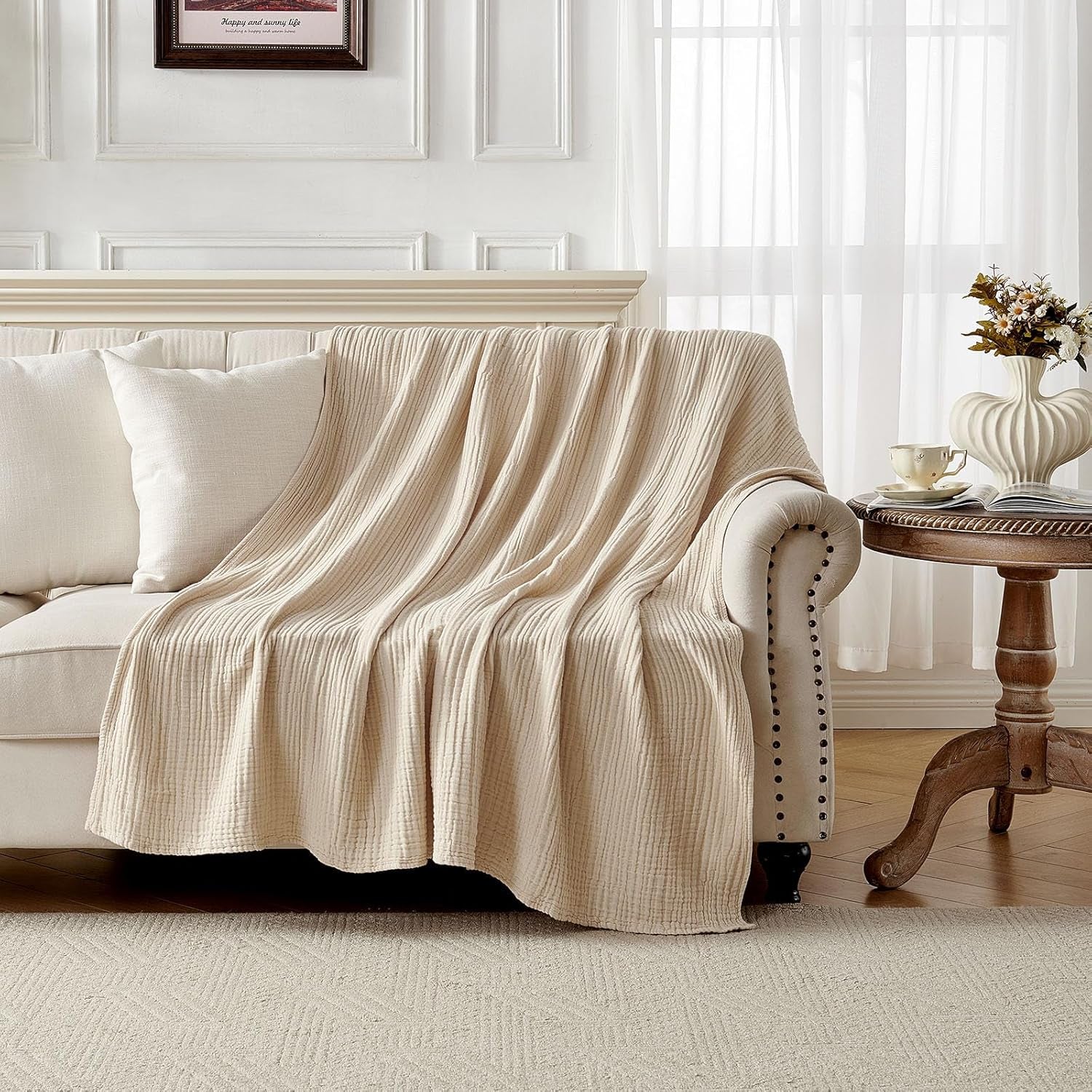 100% Cotton Muslin Throw Blanket for Couch Bed and Sofa, 4-Layer Lightweight and Breathable Soft Gauze Blanket for All Season, Luxury Throws Cotton Blanket Gift(Light Tan, 50"X70")