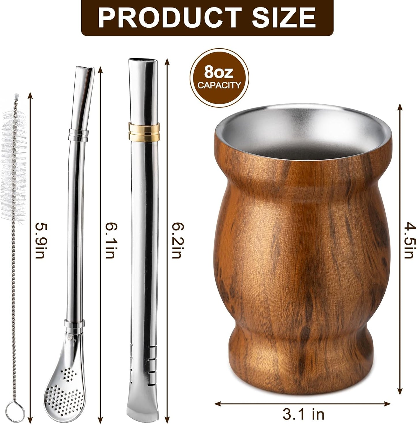 8Oz Yerba Mate Cup, 304 Stainless Steel Double-Wall Mate Cup, Heat Insulation Yerba Mate Gourd, Tea Cup Set Includes Cleaning Brush & 2 Bombillas (Wood)