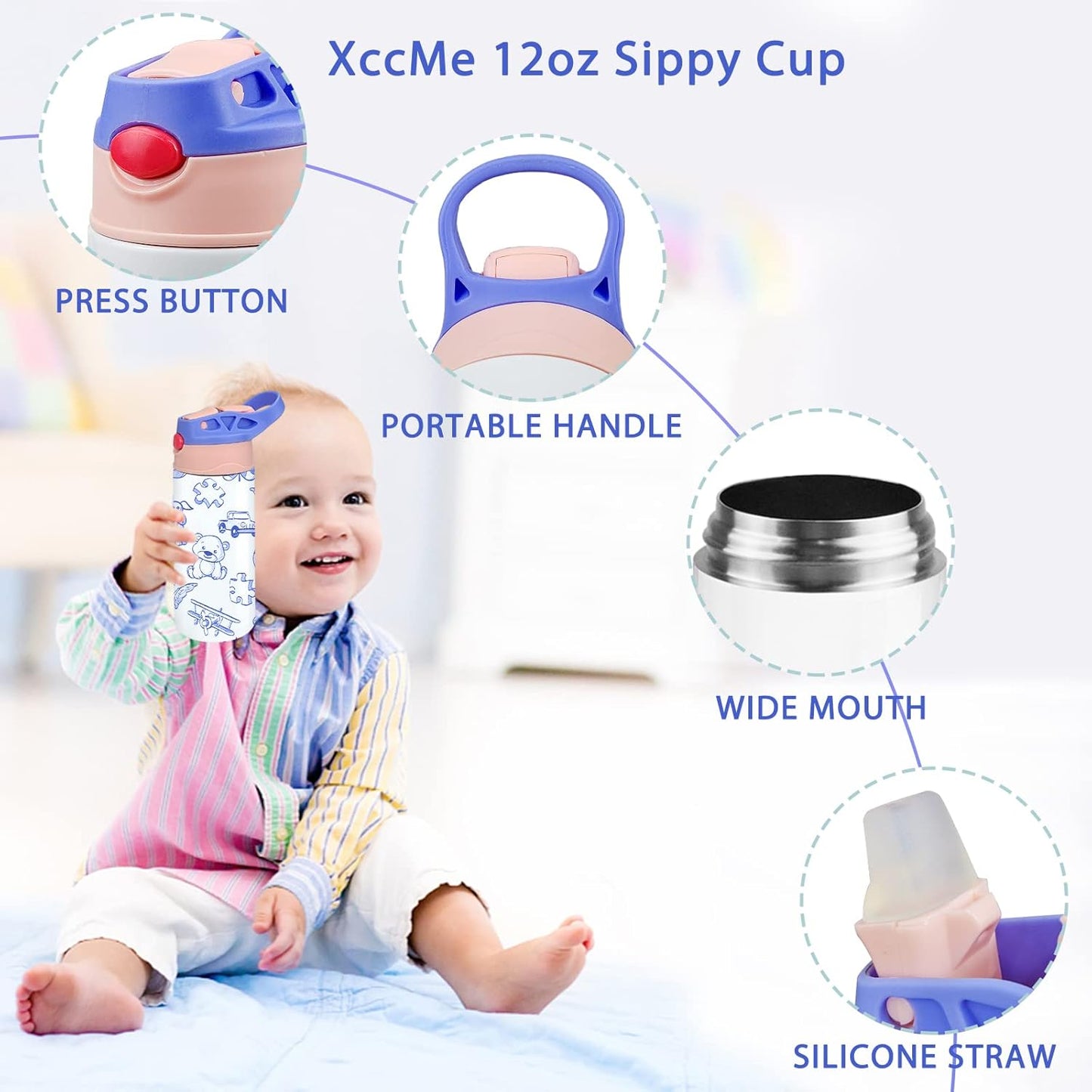 Kids Sublimation Tumbler,12 PACK 12Oz Stainless Steel Sublimation Sippy Cup,Double Wall Insulated Kids Tumbler with Handle,Spill Proof Lid,Shrink Films,Silicone Bottoms,For Water,Drinks