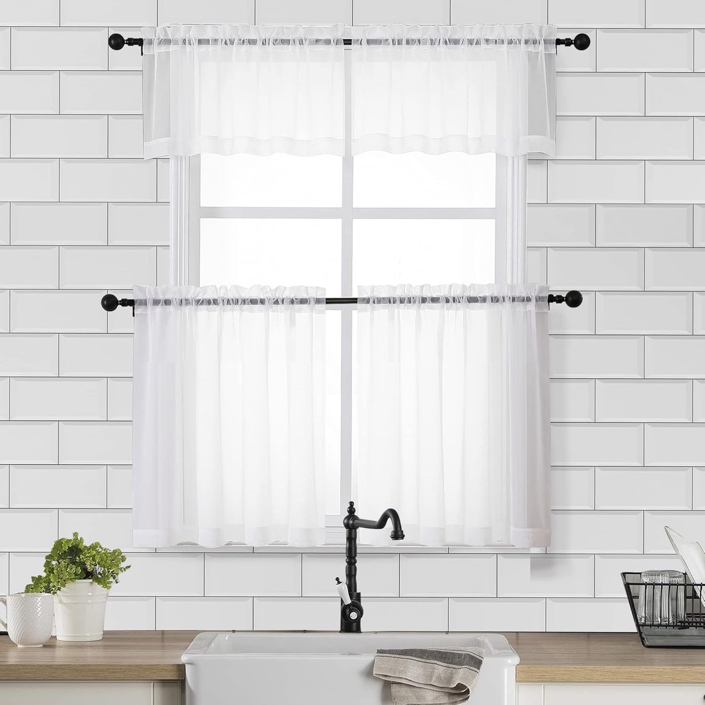 Sheer White Tier Curtains 24 Inch Length Set, Small Window Curtains Treatment for Bathroom/Living Room/Cafe/Basement, Short Voile Curtain Tiers 42In X 24In, Rod Pocket, 2 PCS
