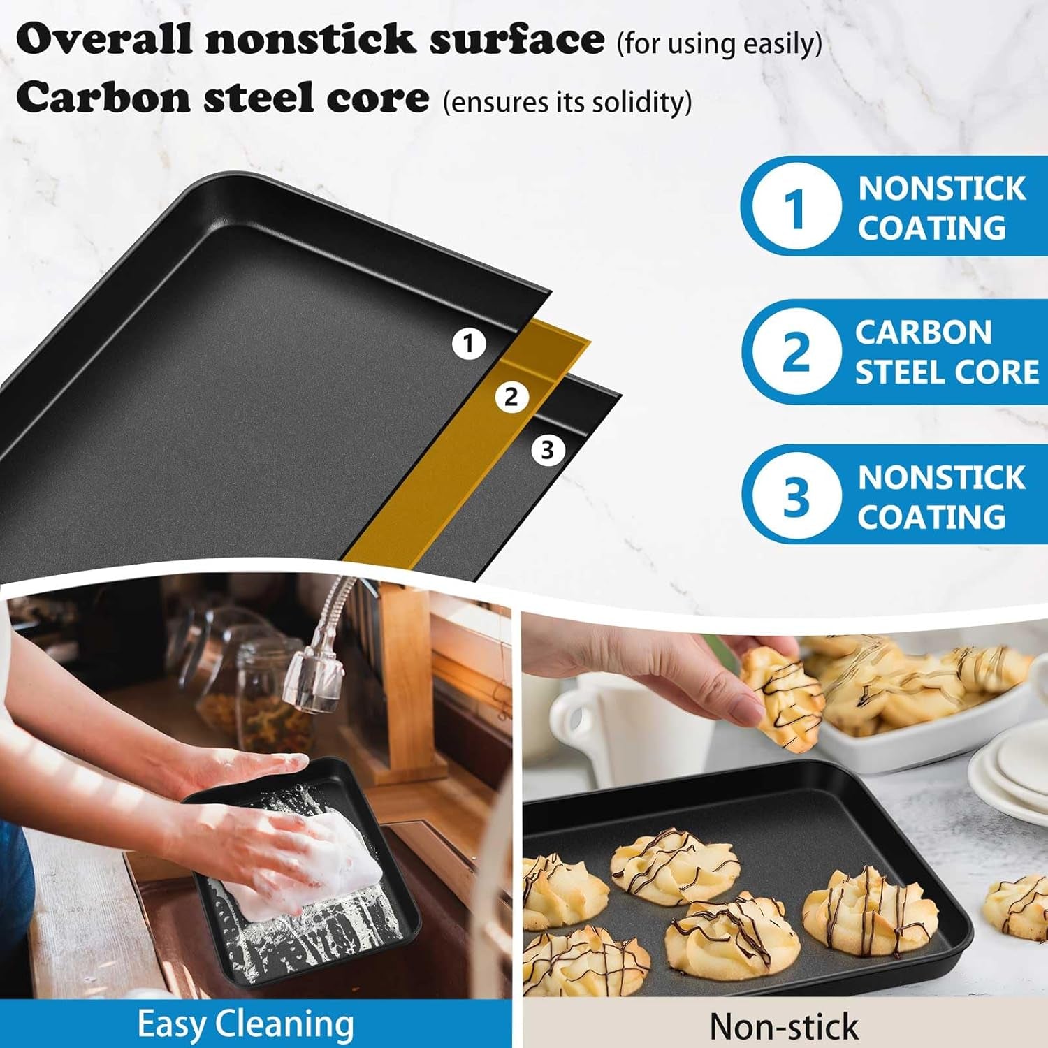 9 Inch Baking Cookie Sheet Pan, Carbon Steel Oven Tray, Non Stick Bakeware for Cooking Baking Bread Meat Vegetables, Sturdy & Healthy, Easy Clean, 1Pc