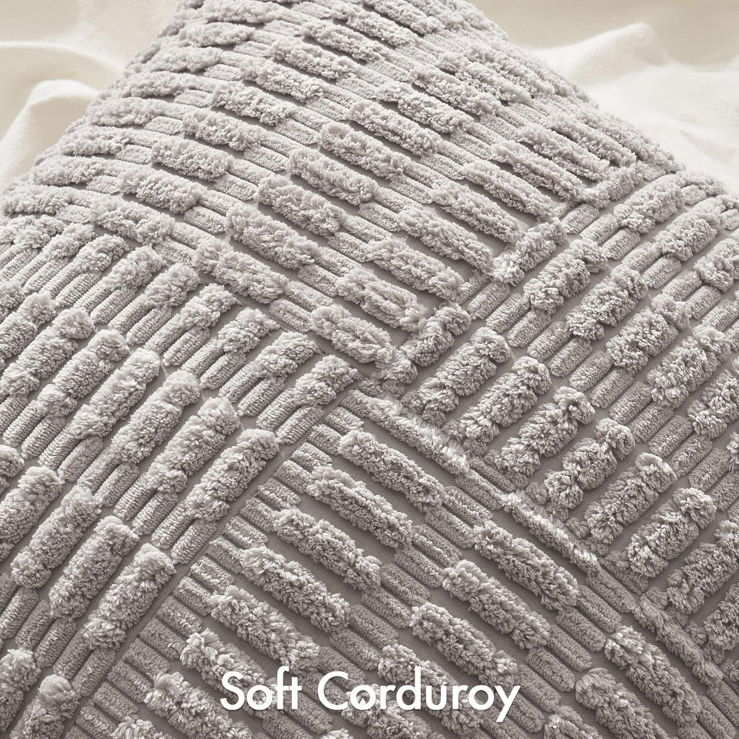 Set of 2 Light Grey Decorative Pillow Covers 18X18 Inch Textured Striped Patchwork Accents Farmhouse Boho Soft Corduroy Couch Pillows for Sofa Living Room Bed Home Decor