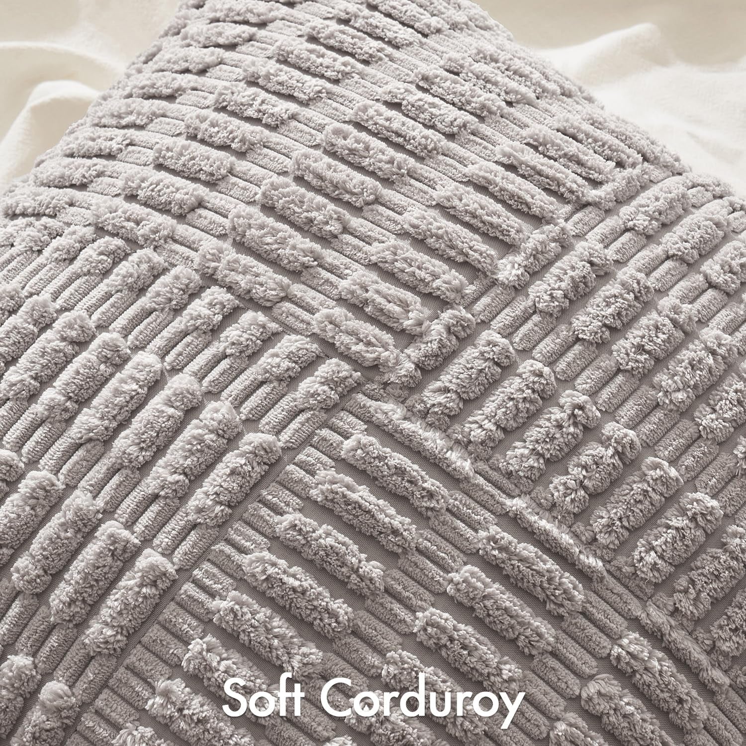 Set of 2 Light Grey Decorative Pillow Covers 18X18 Inch Textured Striped Patchwork Accents Farmhouse Boho Soft Corduroy Couch Pillows for Sofa Living Room Bed Home Decor