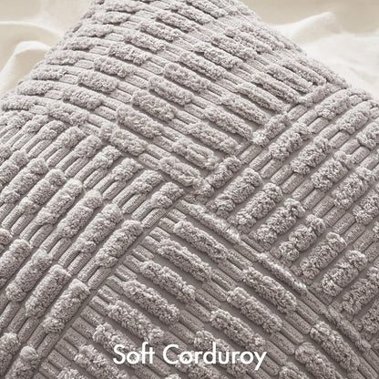 Set of 2 Light Grey Decorative Pillow Covers 18X18 Inch Textured Striped Patchwork Accents Farmhouse Boho Soft Corduroy Couch Pillows for Sofa Living Room Bed Home Decor