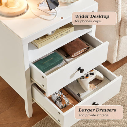 Set of 2 White Nightstands with Charging Station, Modern Bedside Tables featuring 2 Drawers and Metal Knobs, Ideal for Bedroom Use