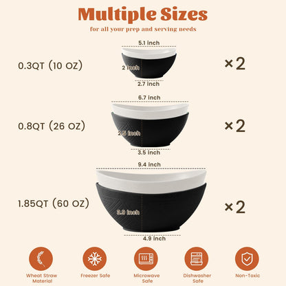 Wheat Straw Mixing Bowls Set - 6 Piece, Three Sizes (60 OZ, 26 OZ, 10 OZ), Microwave and Dishwasher Safe, Ideal for Salad, Snacks, and Cereal (Panda Color)
