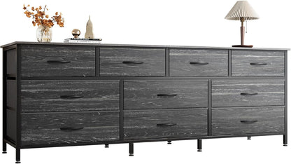 63-Inch Charcoal Black Wood Grain Dresser with 10 Fabric Drawers - Versatile Storage Solution for Bedroom and Living Room, Accommodates 55 to 70 Inch TVs