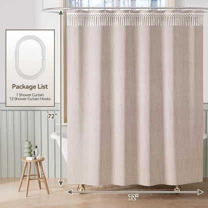 Boho Shower Curtain with Tassels Taupe, Tan Farmhouse Shower Curtain with Hooks, Faux Linen Fabric, Water-Repellent Neutral Fabric, 72X72 Inches