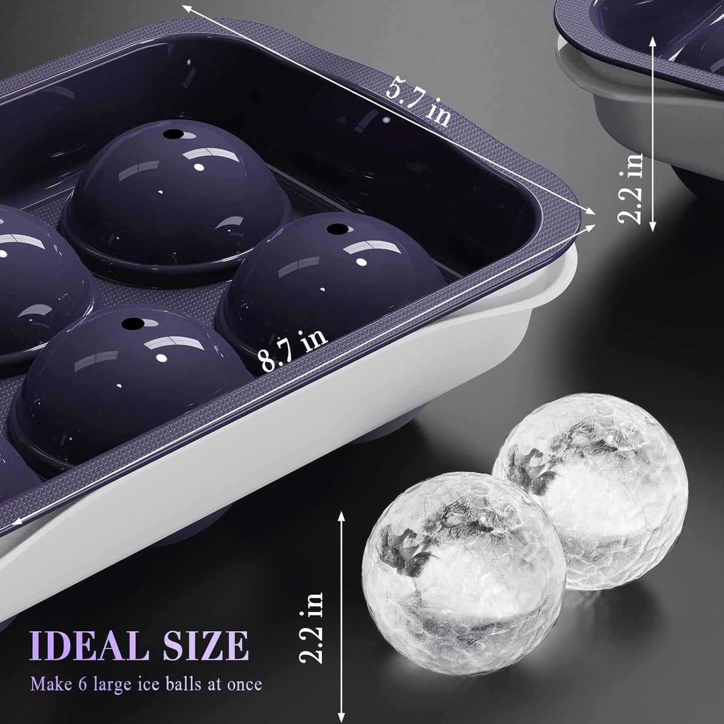 Whiskey Ice Ball Maker, [Fill without Funnel & Easy Release] 2.2'' round Large Iced Cube Trays with Cover, Reusable Sphere Silicone Ices Tray with Lids for Bourbon, Gift for Brandy Lover