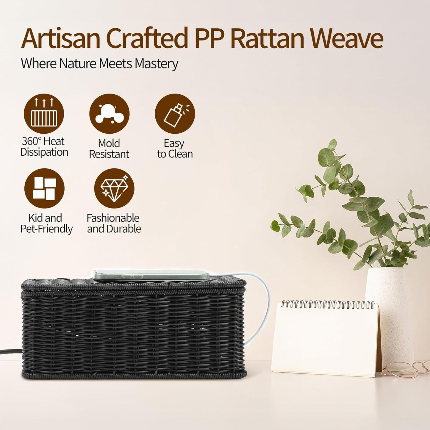 Cable Management Box, Handmade Rattan Cable Organizer, Power Cord Hider Box with 2 Open Slots, Desk Cord Organizer for Computer Router USB Hub Wire & Power Strip, 12.5"Lx 5.1" Wx 5.1"H, Black