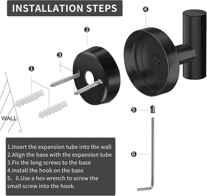 Wall Towel Hooks, Heavy Duty Holder Waterproof Bathroom Towel Hooks for Hanging Coat, Clothes, Closet Hook Wall Mount for Kitchen (Black, Drilling 4 Pack)