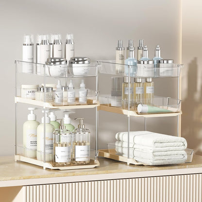 2 Sets of 3-Tier Bathroom under Sink Organizers and Storage, Multi-Purpose Stackable Pantry Organization and Storage, Beige