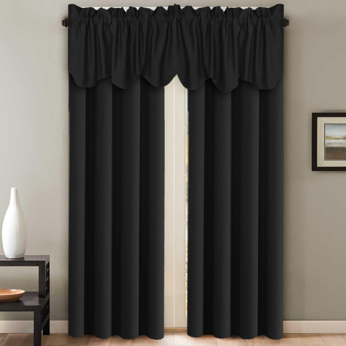 2 Panels Blackout Curtain Valances for Kitchen Windows/Living Room/Bathroom Privacy Protection Rod Pocket Decoration Scalloped Winow Valance Curtains, 52" W X 18" L, Black