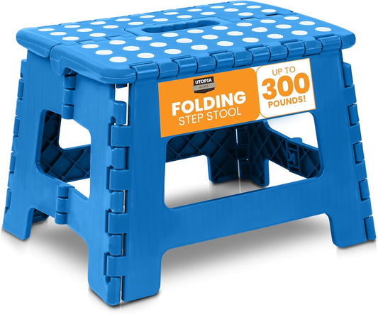 Folding Step Stool - (Pack of 1) Foot Stool with 9 Inch Height - Holds up to 300 Lbs - Lightweight Plastic Foldable Step Stool for Kitchen, Bathroom & Living Room (Blue)