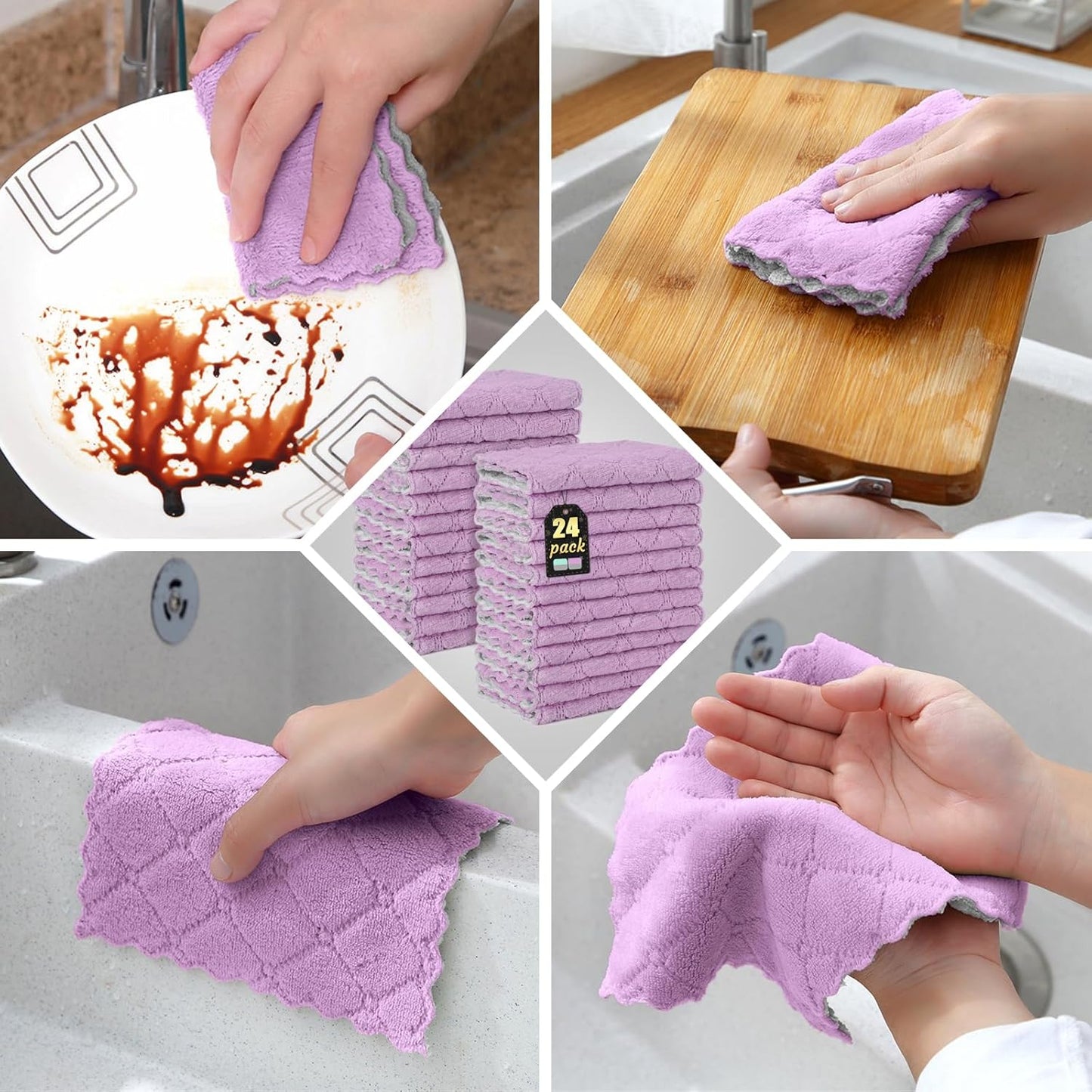 24 Pack Kitchen Cloth Dish Towels, Soft Premium Dishcloths, Highly Absorbent Multi-Purpose Dust and Stain Removal Cleaning Supplies for Kitchen Car Cleaning