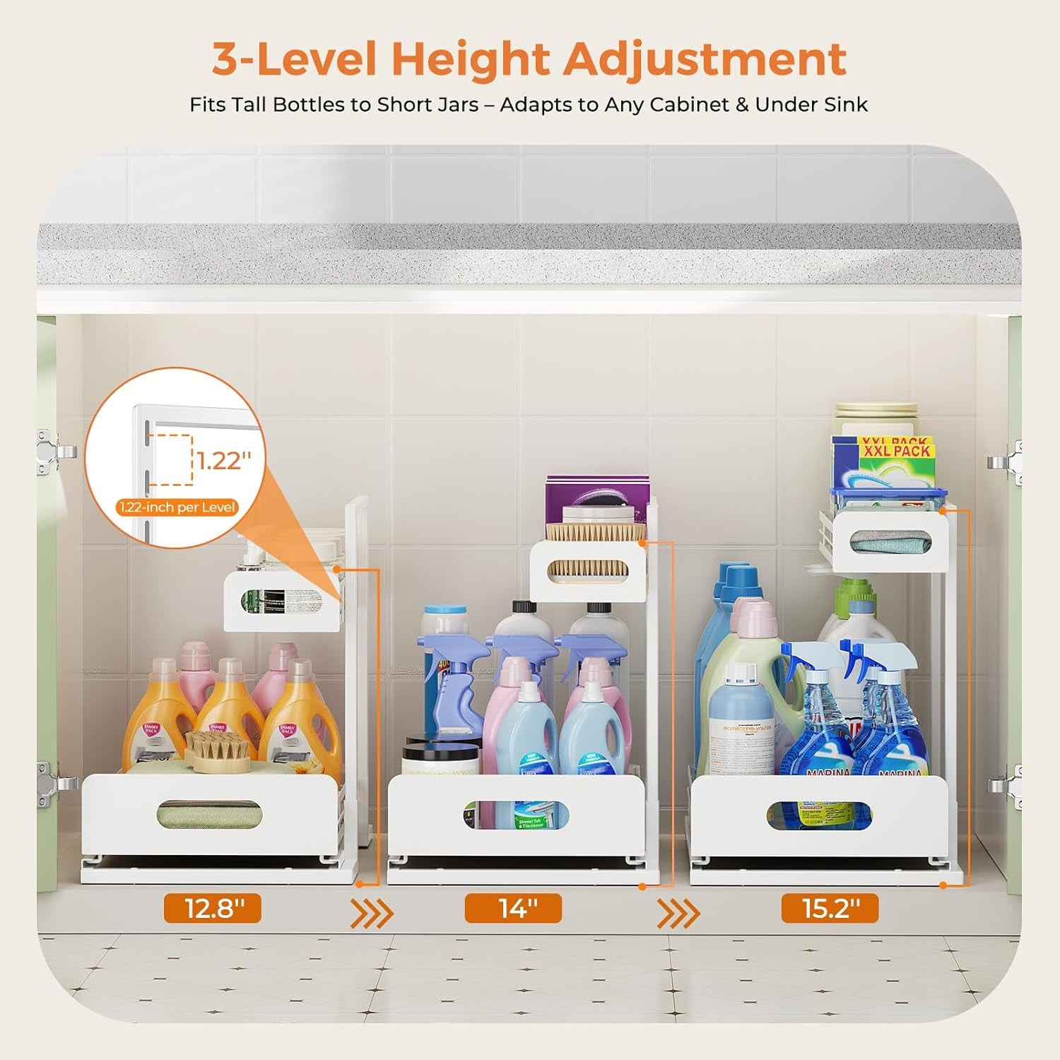 2 Pack Metal under Sink Organizers and Storage, 2 Tier Pull Out under Cabinet Organizer for Kitchen Bathroom, Adjustable under Sink Shelf for under Counter Storage Organizer, White