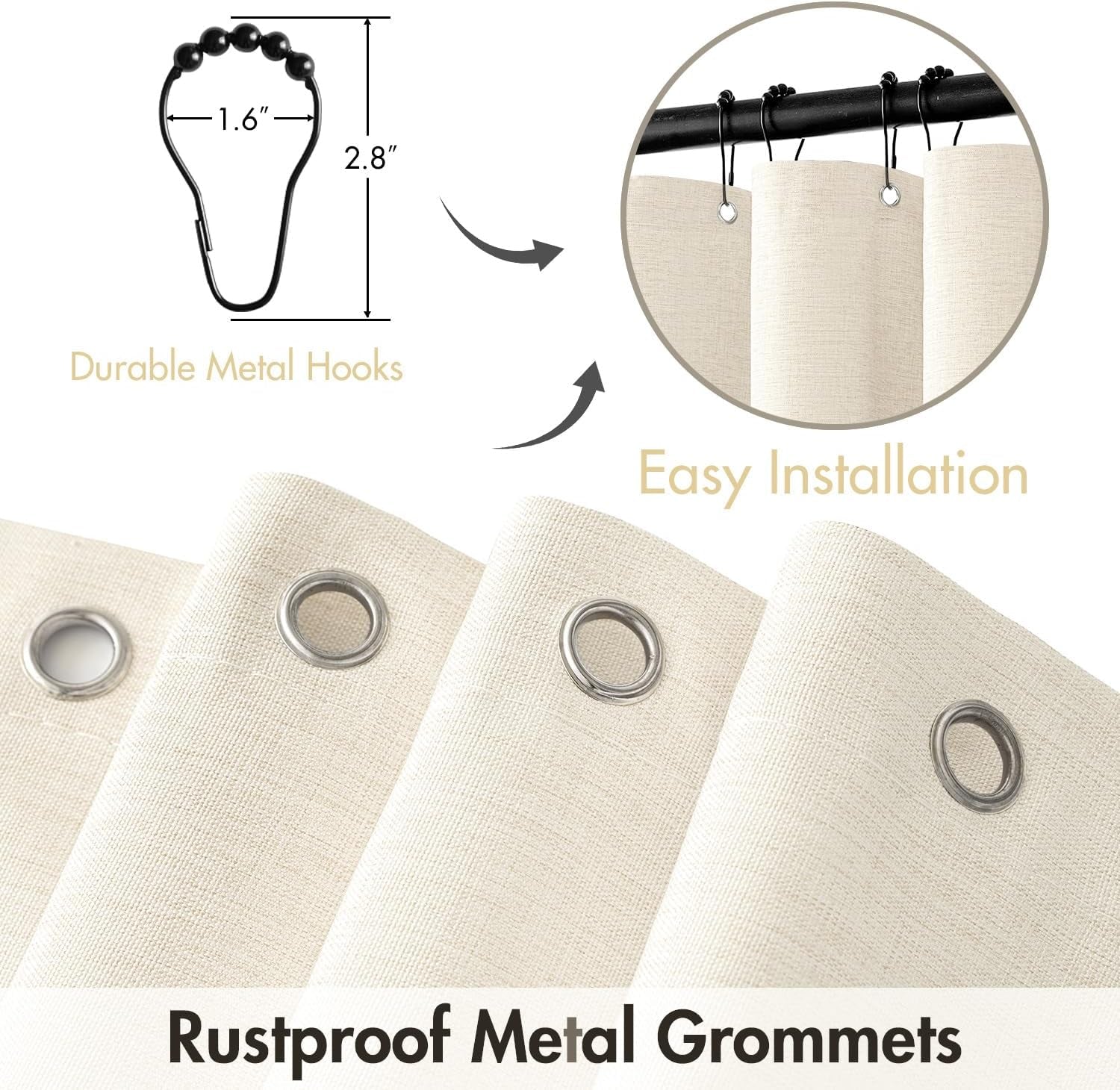 Extra Long Waterproof Linen Shower Curtain Set, 84 Inches with 12 Metal Hooks, Washable Heavy Fabric for Bathroom and Hotel, 72 x 84 Inches, Ivory