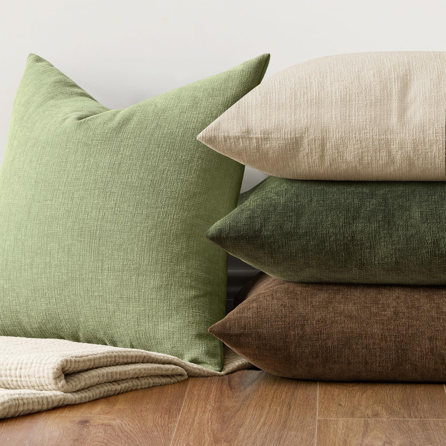 Sage Green Couch Pillow Covers 18X18 Inch, Set of 2 Soft Spring Chenille Decorative Square Throw Pillow Covers Farmhouse for Sofa Living Room Bed