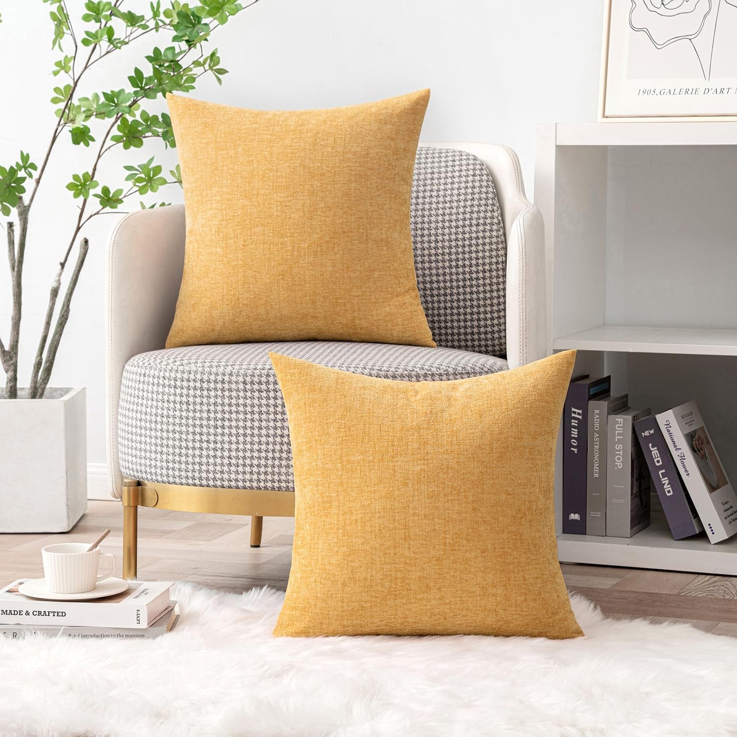Pack of 2 Couch Throw Pillow Covers 18X18 Inch Soft Beige Yellow Chenille Pillow Covers for Sofa Living Room Solid Dyed Pillow Cases