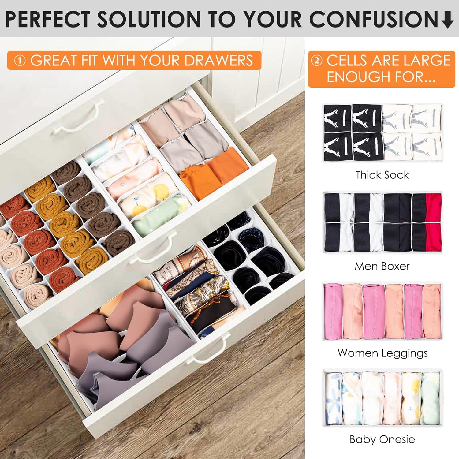 Drawer Organizer Clothes, 16 Pack Dresser Organizer Bins for Baby Clothes, Underwear Sock, Fabric Closet Organization and Storage Dividers for Nursery Bedroom (96 Compartments, White)