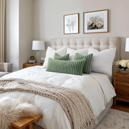 Faux Fur Decorative Throw Pillow Covers, 18x18 Inch Set of 2, Modern Plush Couch Pillows in Sage Green for Spring Home Decor