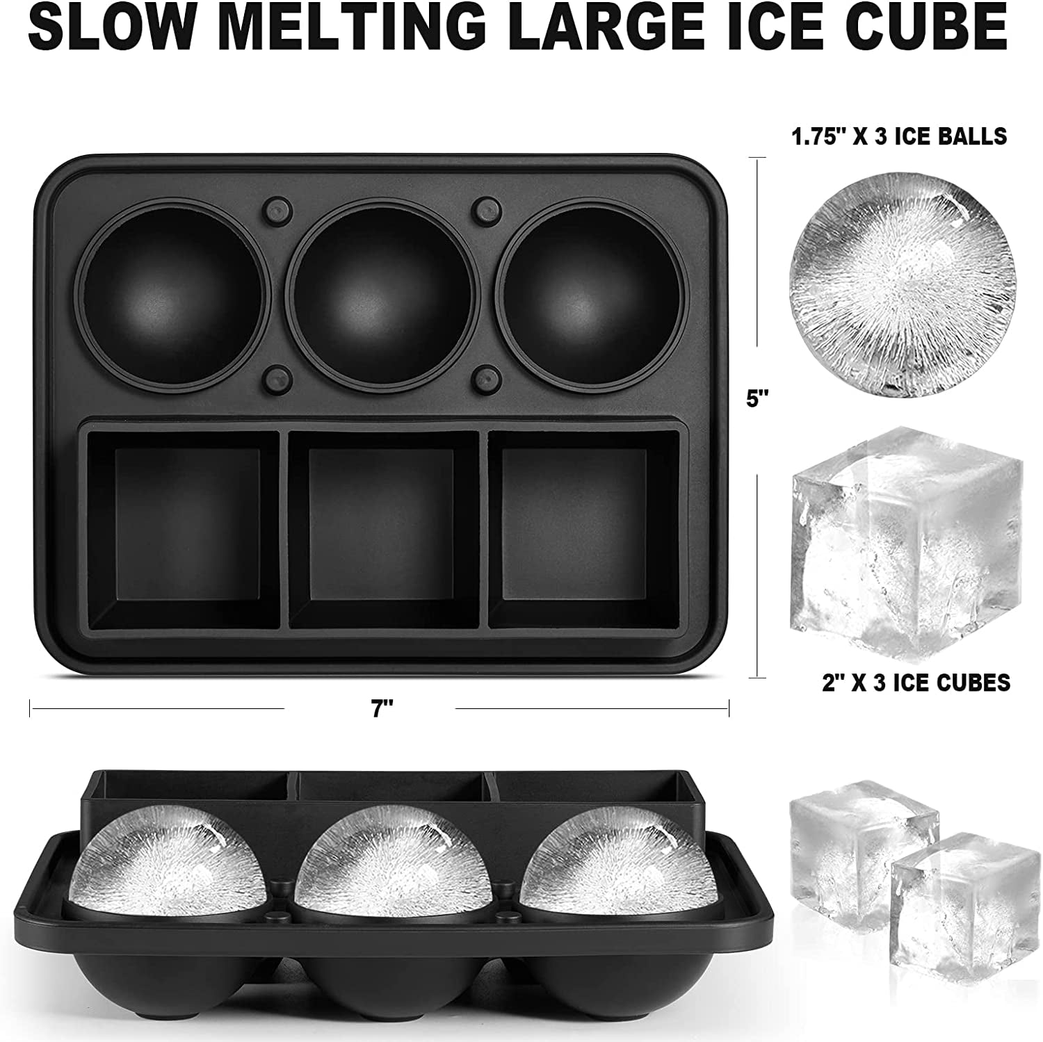 Ice Cube Molds Tray, Large Silicone Whiskey Ice Mold,2-In-1 round Sphere Ice Ball Maker & Square Ice Trays for Cocktails, Bourbon, Whiskey Gifts for Men from Daughter Wife Son Kids… Black