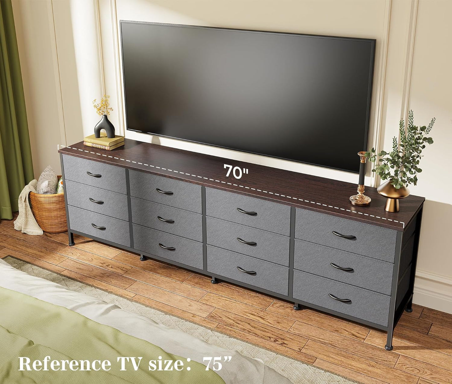 70-Inch Dark Grey Dresser and TV Stand for 65-80 Inch TVs, 12-Drawer Storage Organizer Unit for Bedroom and Living Room