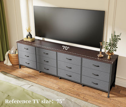 70-Inch Dark Grey Dresser and TV Stand for 65-80 Inch TVs, 12-Drawer Storage Organizer Unit for Bedroom and Living Room