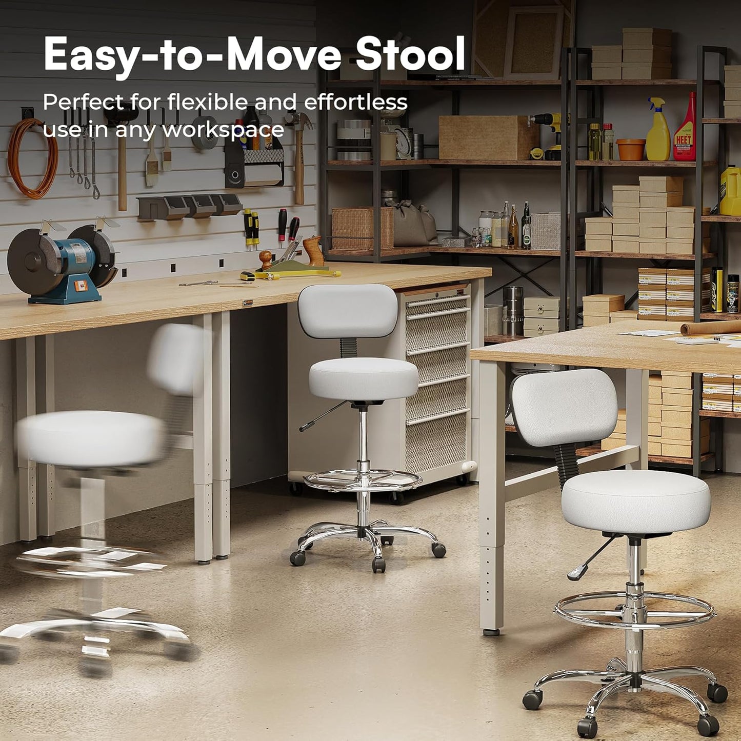Adjustable Drafting Chair with Back Support and Foot Rest, Versatile Rolling Stool for Office, Home Bar, Kitchen, and Shop - White