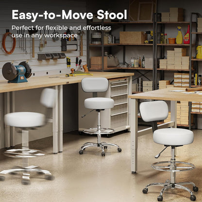 Adjustable Drafting Chair with Back Support and Foot Rest, Versatile Rolling Stool for Office, Home Bar, Kitchen, and Shop - White