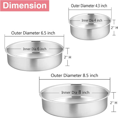 Cake Pan Set of 3, 4" + 6" + 8" round Baking Layer Tier Cake Pans Tins, Stainless Steel Bakeware for Birthday Weeding, Heavy Duty & Non Toxic, Mirror Finish & Dishwasher Safe