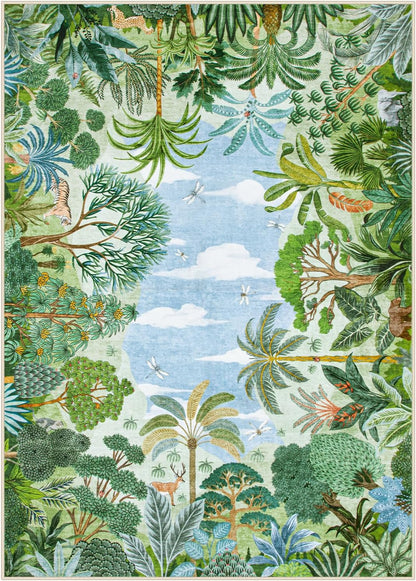 Summer Jungle Rug, Washable Rugs 5X7 for Bedroom, Green Forest Soft Carpet for Living Room, Summer Season Non Slip Non Shedding Dining Room Carpet for under Table Classroom Entryway