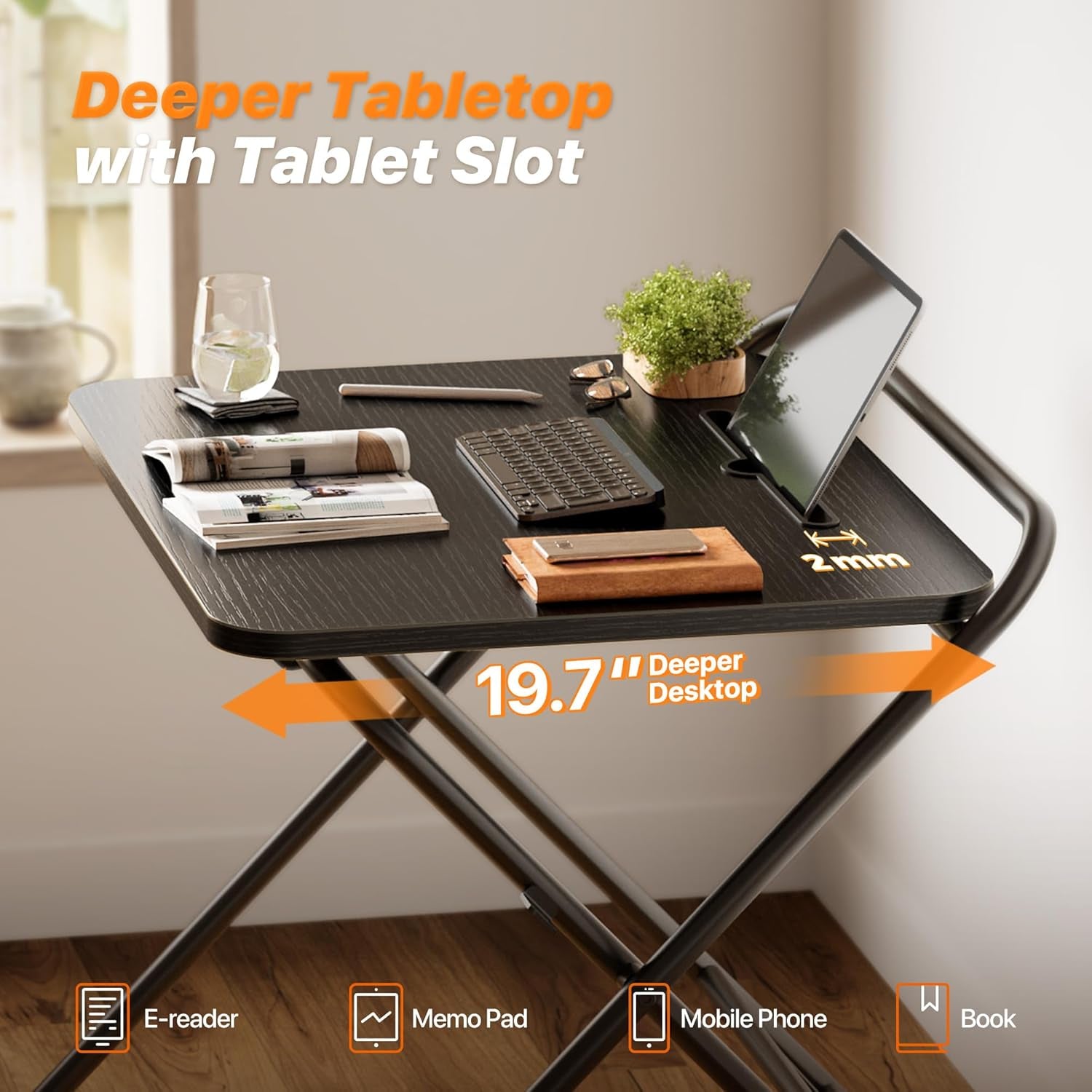 Adjustable Height Folding Desk with Tablet Slot, 24-Inch Space-Saving Computer Desk for Home Office, Bedroom, and Study, Black